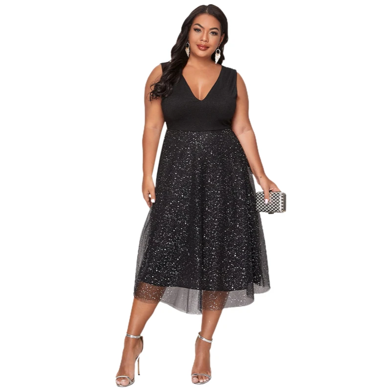 

Women's Plus Size V Neck Sleeveless Contrast Mesh Evening Midi Dress Sexy Birthday Dress 2023 Tulle Dress Women Going Out Outfit