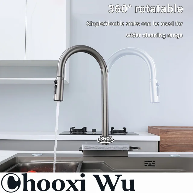 ก๊อกน้ําสแตนเลสแบบดึงออกในครัว ดีไซน์แบบดึงออก พวยกาแรงดันอเนกประสงค์ ระบบควบคุมคู่ร้อนและเย็น 5