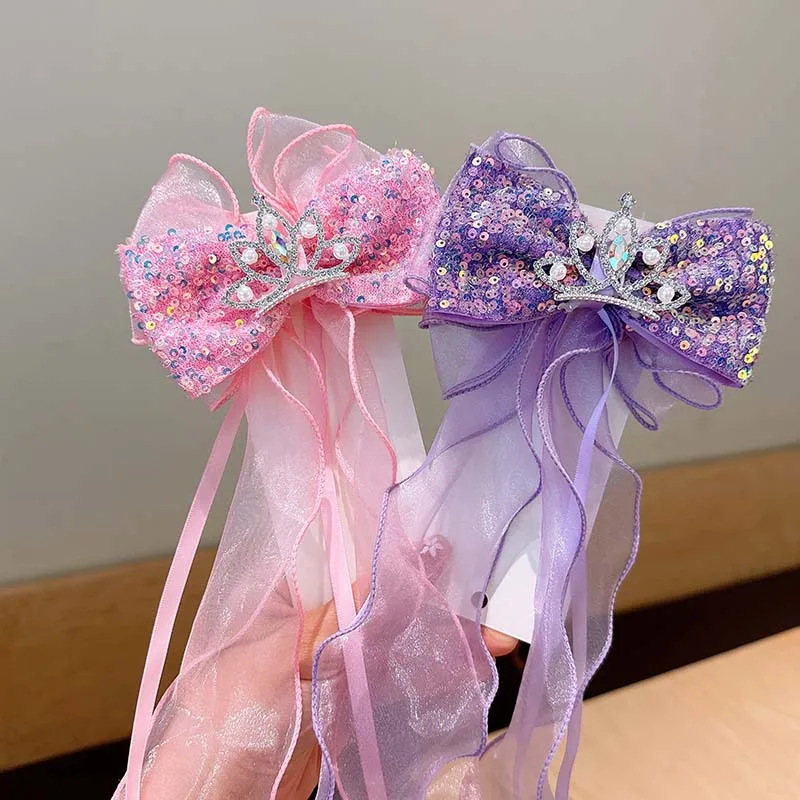 어린이 얼음과 눈 공주 활 반짝 이는 리본 머리핀 어린 소녀 크라운 보석 탑 클립 땋은 요정 머리핀