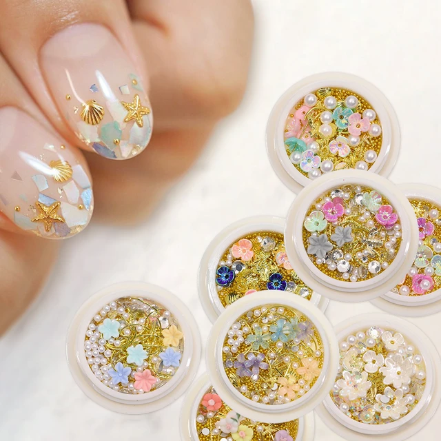 3D Flowers for Nails Charms for Acrylic Nail Gems, with Gold Caviar Beads  Rhinestones Leaf & Pearls Nail Jewels for Nail Art