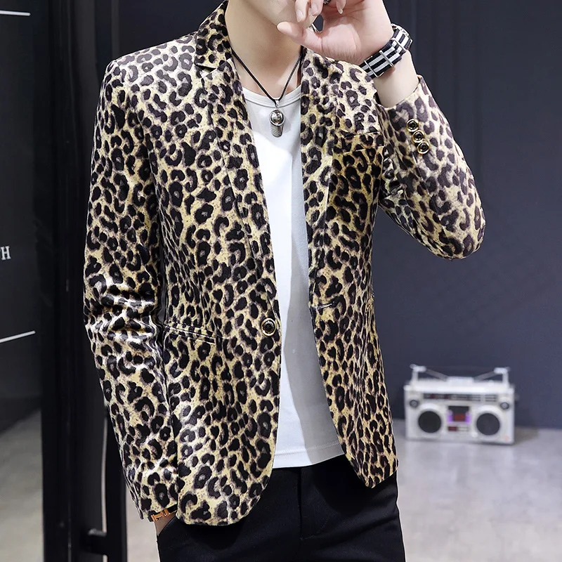 HOO L Men's new casual, thin, handsome, slim leopard print printed blazer