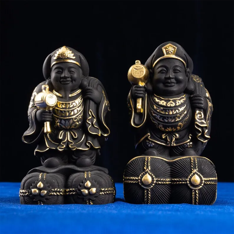 Black Gilded Daikokuten Statue Figurine Japanese Seven Lucky Gods