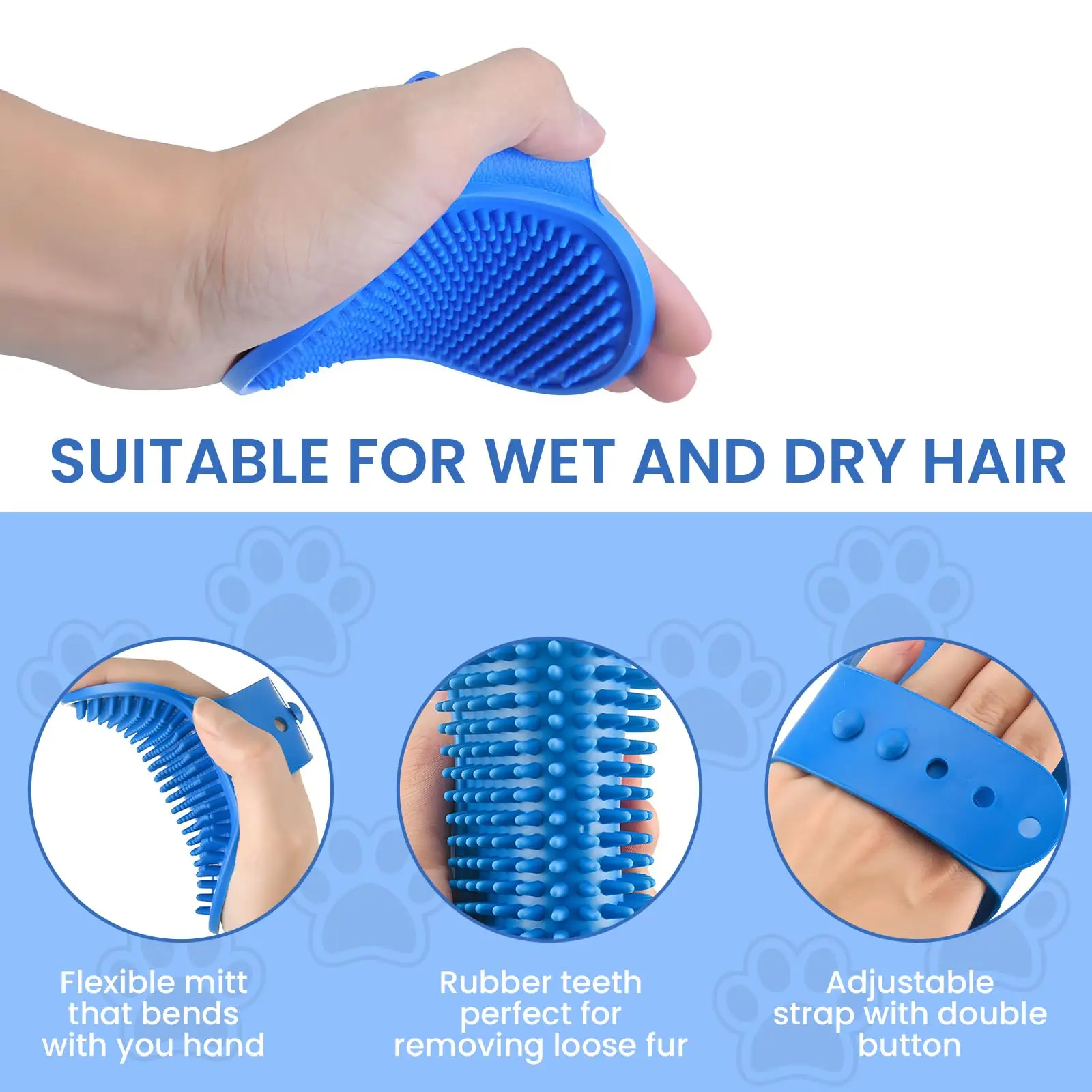 Dog Grooming Glove Pet Bath Brush with Adjustable Ring Handle Rubber Massage Grooming Comb for Short Haired Dogs Cats