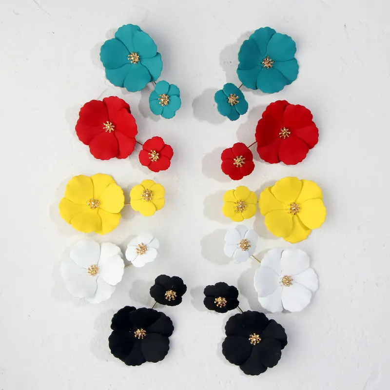 Drop Earrings Flower Earrings Golden Earrings Korean Cute Flower Drop Earrings For Women Fashion Double Layer Gold Metal Floral Statement Earrings Female Jewelry Gifts