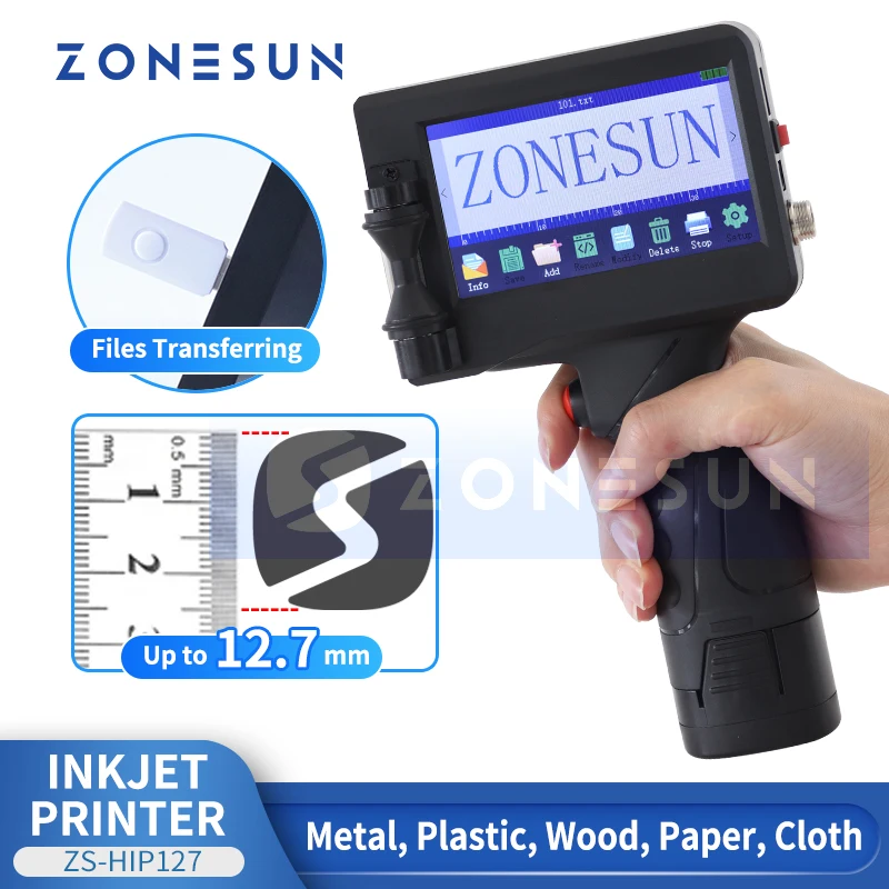 

ZONESUN Touch Screen Handheld Intelligent USB QR 360 degree Inkjet Printer Coding Machine Carton Rubber Metal Expiry ZS-HIP127