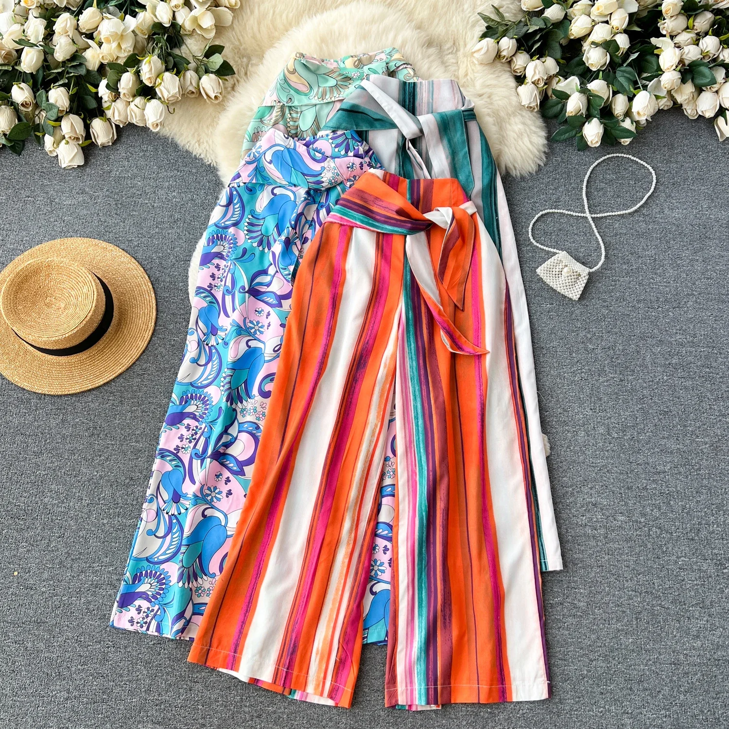 

Брюки женские в полоску с широкими штанинами, повседневные длинные капри с принтом в стиле ретро, летняя уличная одежда для девушек, Y2k