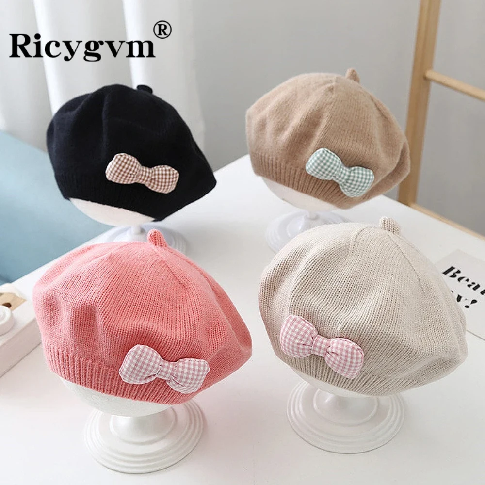 

RICYGVM Kids Girl Knitted Beret Cute Bow Princess Artist Painter Cap Solid Color Crochet Hat Autumn Winter Warm Children Beanies