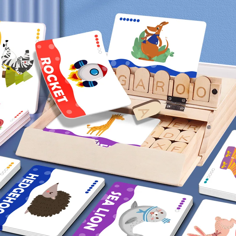Wooden English word card matching magic box popular children's early education puzzle cartoon animal spelling toy 3