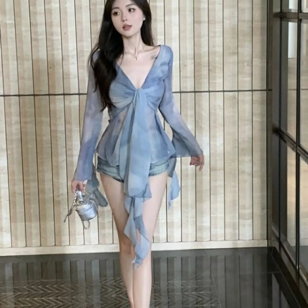 Streetwear Jellyfish Mesh Belt T-Shirt Elf Long Sleeve Pleated Collar Slim Fit Crop Tops Transparent Irregular