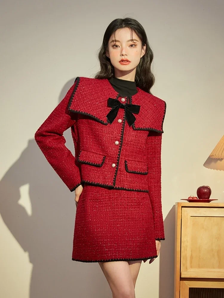 

Christmas Red Tweed Ensembles De Jupes Fall Winter Sweet Bow Lapel Short Jacket Coat + Skirt Two Piece Set for Womens Outfit
