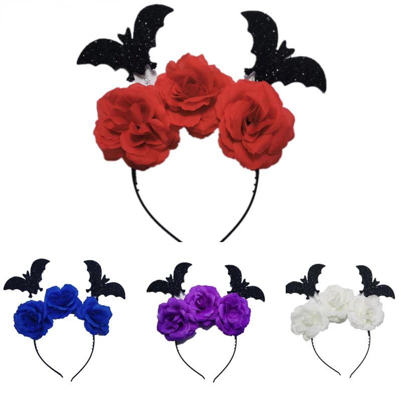 

1pcs Halloween Bat Headbands Flower Hair Hoop Gothic Rose Headdress Day of the Dead Headpiece for Halloween Cosplay Party