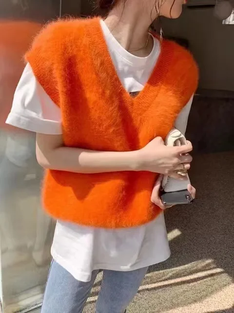 

Korean Version Thickened Mink Cashmere Vest Furry Fluffy V-Neck Knit Vest Autumn And Winter Warm Jumper Top C887