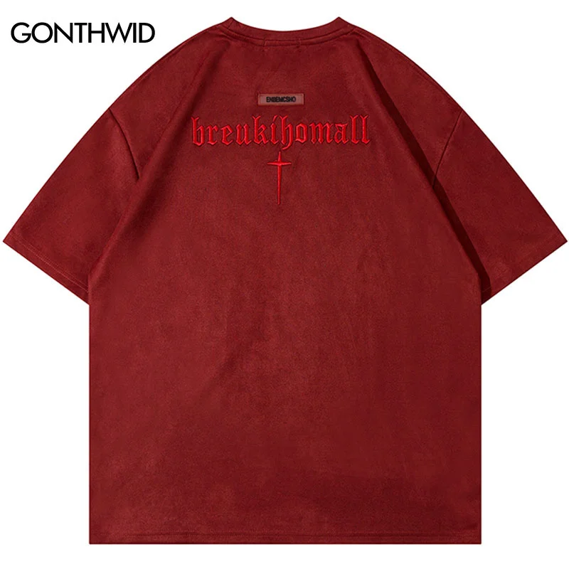 

2023 Suede Tshirt Streetwear Hip Hop Embroidery Cross Letter Punk T Shirts Men Women Summer Harajuku Fashion Casual Tee Tops Red