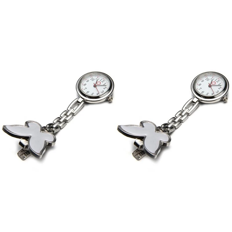 

2X Nurses Clock Heart Rate Monitor Pocket Watch Quartz Butterfly Motive White