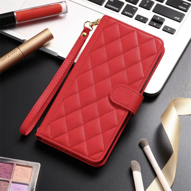 Luxuriöse karierte Leder-Handyhülle für Samsung Galaxy A06 A05 A05S A04 A04S A14 A24 A34 A54 Kartensteckplatz Lanyard Flip Wallet Cover_voghion.com