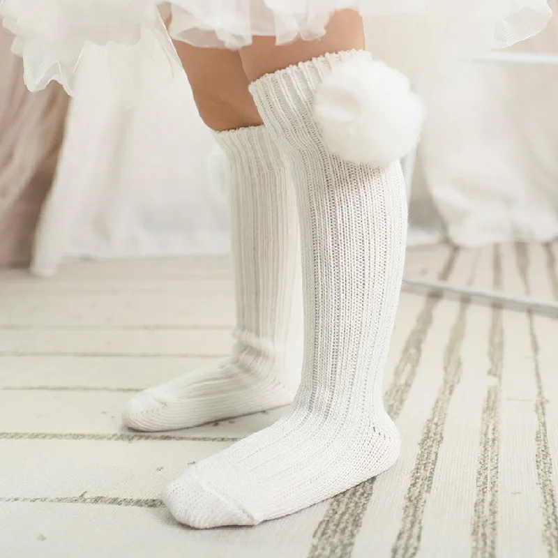 

Fashion Baby Socks Kids Knee-Length Solid Color Cotton Socks Cute Ears Big Hair Ball Accessories Decorated Newborn Socks