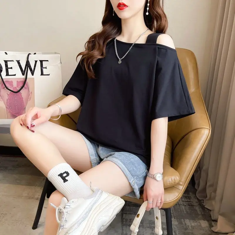 売れ筋商品|||セルフエスティーム カットソー トップス レディース Juniors' Graphic Off-The-Shoulder T-Shirt White Off Shoulder White Loose T Shirts Summer New Short Sleeve