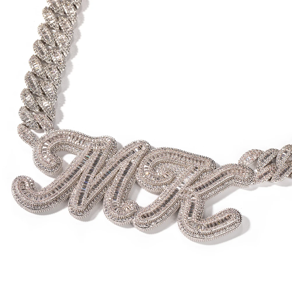 TBTK Custom Baguettecz Letter With 16mm Heavy Miami Cuban Chain Necklace Iced Out Bling Square Cubic Zirconia Hiphop Jewelry