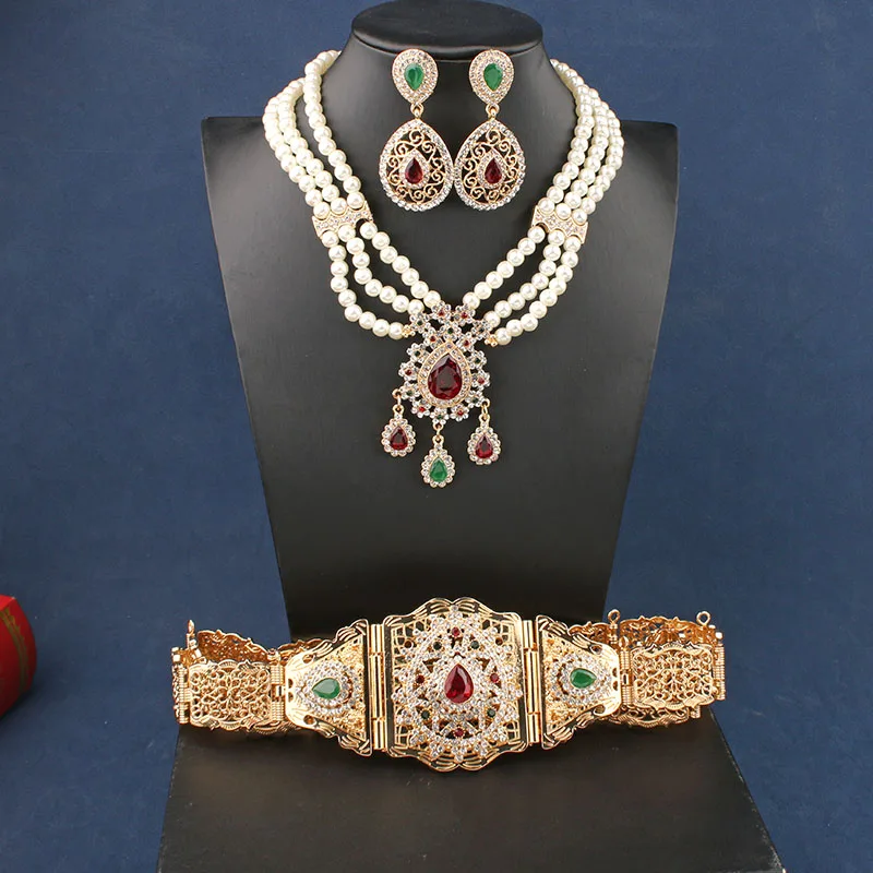 Tanio Arabski zestaw biżuterii ślubnej moda zielony kryształ wisiorek marokański