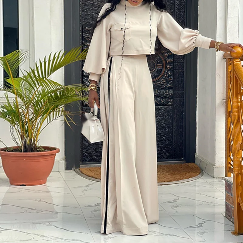 New Fall Women's Size Loose Elegant Semi-high-neck Fashion Long-sleeved Top Wide-leg Pants Casual Commuter Women's Two-piece