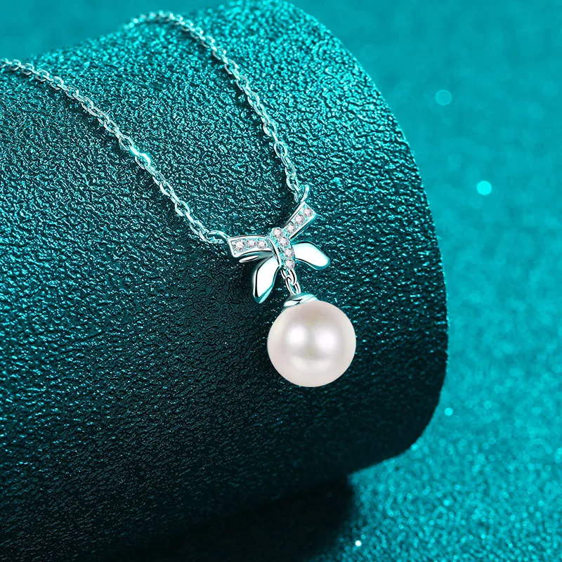 S925 Sterling Silver Women Moissanite Pearl Necklace Bow Sweet Pendant Cute Girl Style Collar Chain