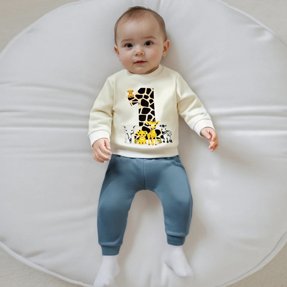 Tenue 1er Anniversaire Bébé Garçon – Haut Manches Longues Ours + Pantalon – Polyester Doux