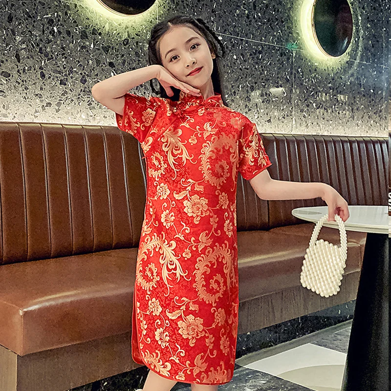 새해 중국 전통 드레스 아이 당나라 qipao 드레스 소녀 hanfu 현대 중국어 cheongsam 실크 드레스 현대 스타일 레드