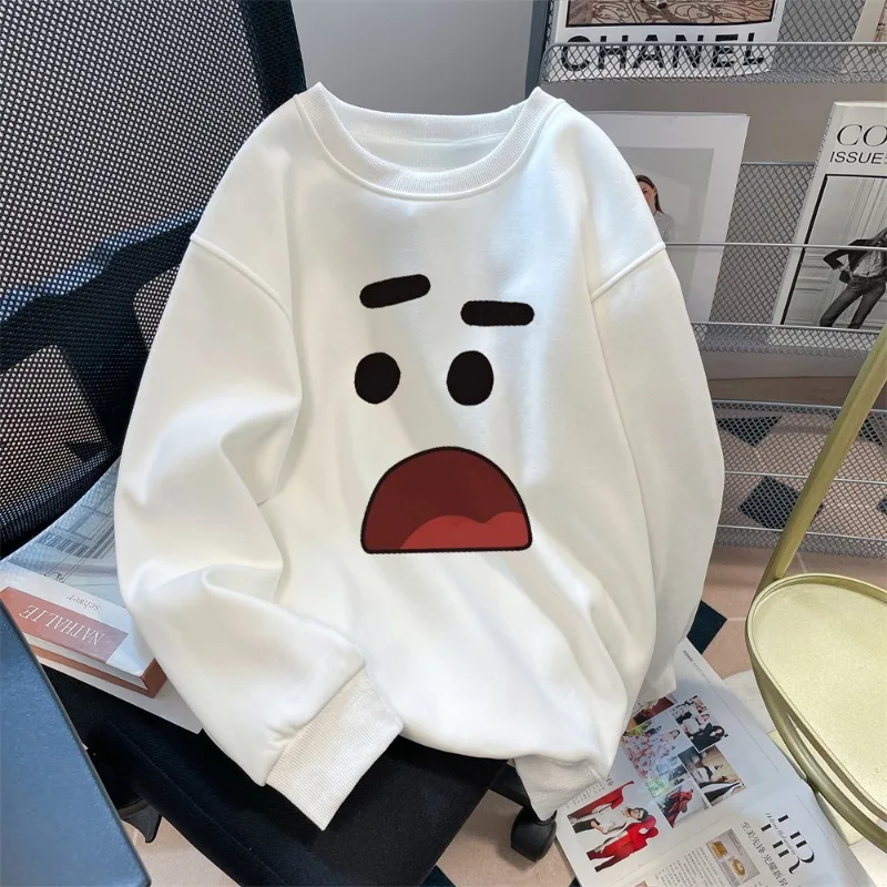 

2023 Korean Style Simple Crewneck Funny Print Loose Sweatshirt for Women Autumn Winter Simply All-match Warm Hedging Top