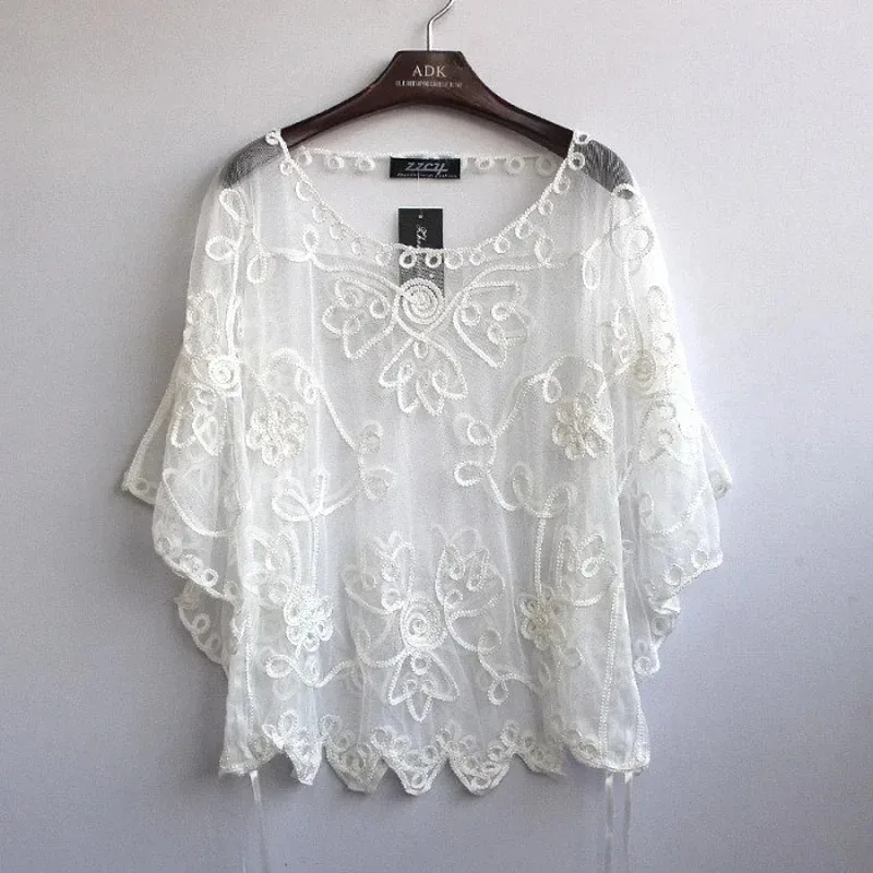 2024 High Quality Loose Hollow Chiffon Women's Blouse Summer Lace Batwing Three-quarter Sleeve Shirt Blusas Femininas 803J 38