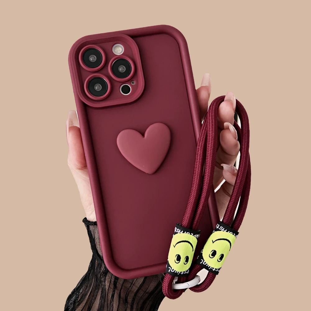 3D Love Heart Wrist Chain Phone Case with Silicone Strap Lanyard Cover