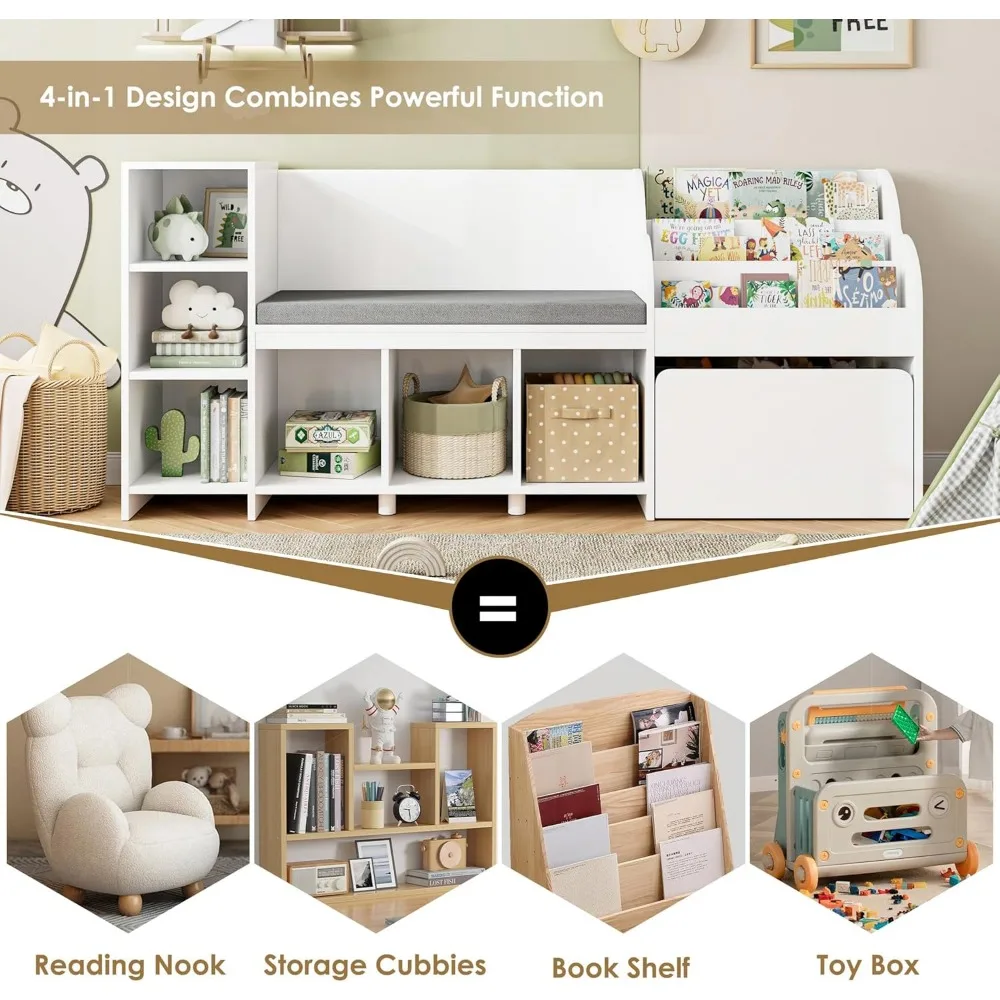 67" Kids Reading Nook with Bench, Kids Bookshelf and Bookcase with Seat Cushion and 6 Storage Cubbies, Toy Storage Box on 2