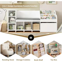 67" Kids Reading Nook with Bench, Kids Bookshelf and Bookcase with Seat Cushion and 6 Storage Cubbies, Toy Storage Box on 2