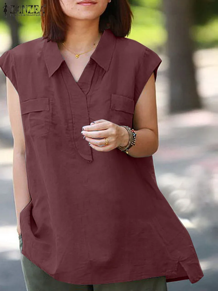 

2023 ZANZEA Oversize Blouse Summer Causal Work Shirt Women V Neck Short Sleeve Blouse Summer Solid Color Blusas Femme Baggy Tops