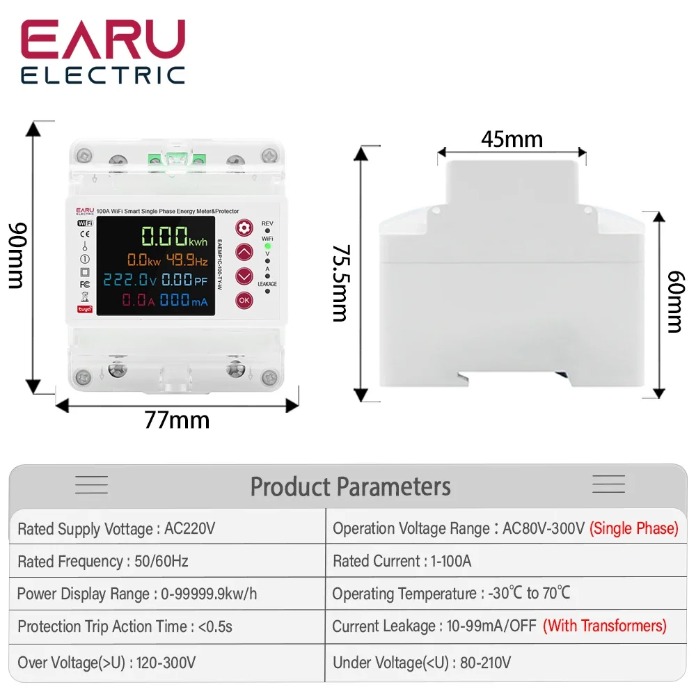 Tuya 2P 100A WiFi Smart Bi-Directional Energy Power kWh Meter Leakage Over Unde