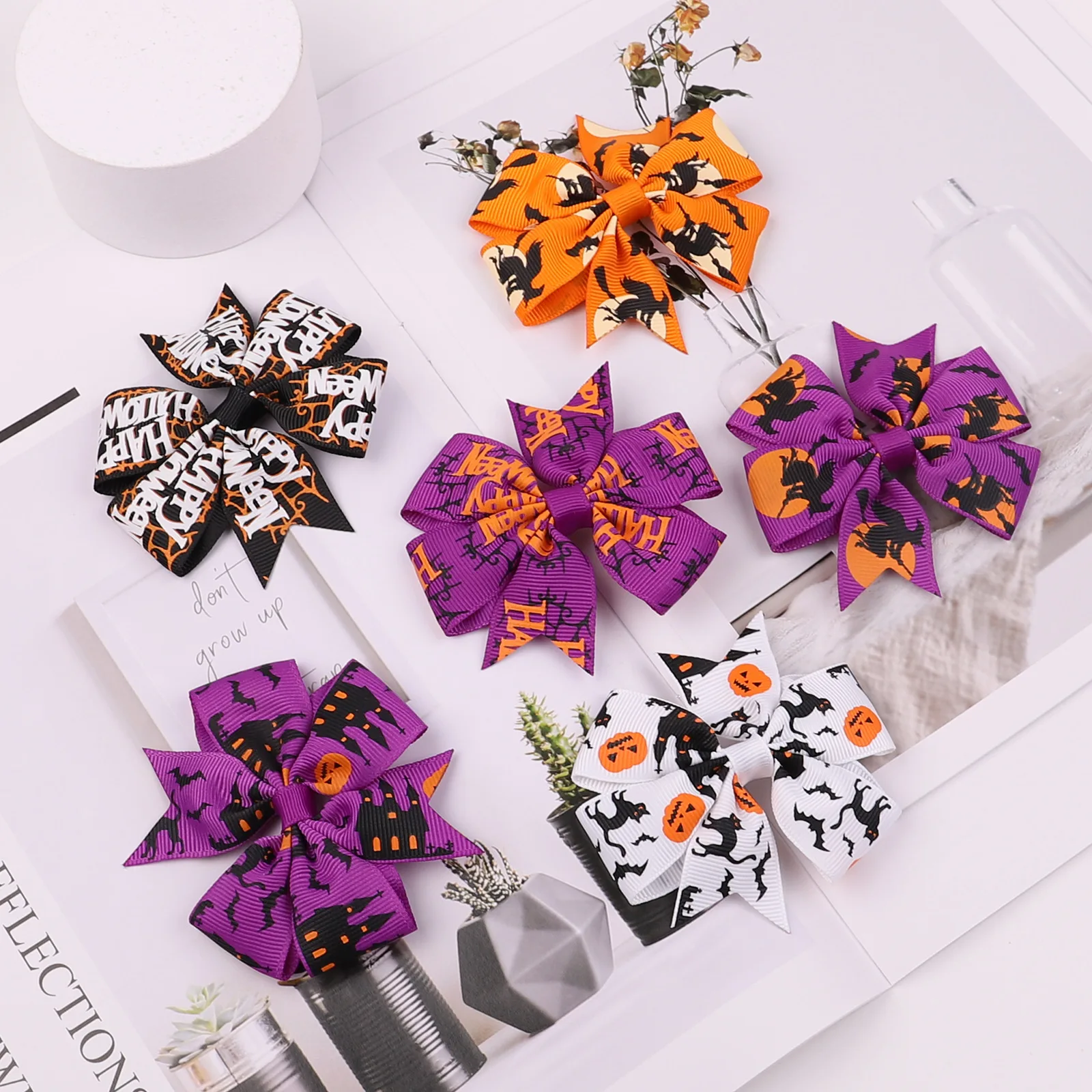 

6pcs European and American Halloween children's bow skeleton bat ghost wizard pumpkin hairpin creative gothic dress accessories