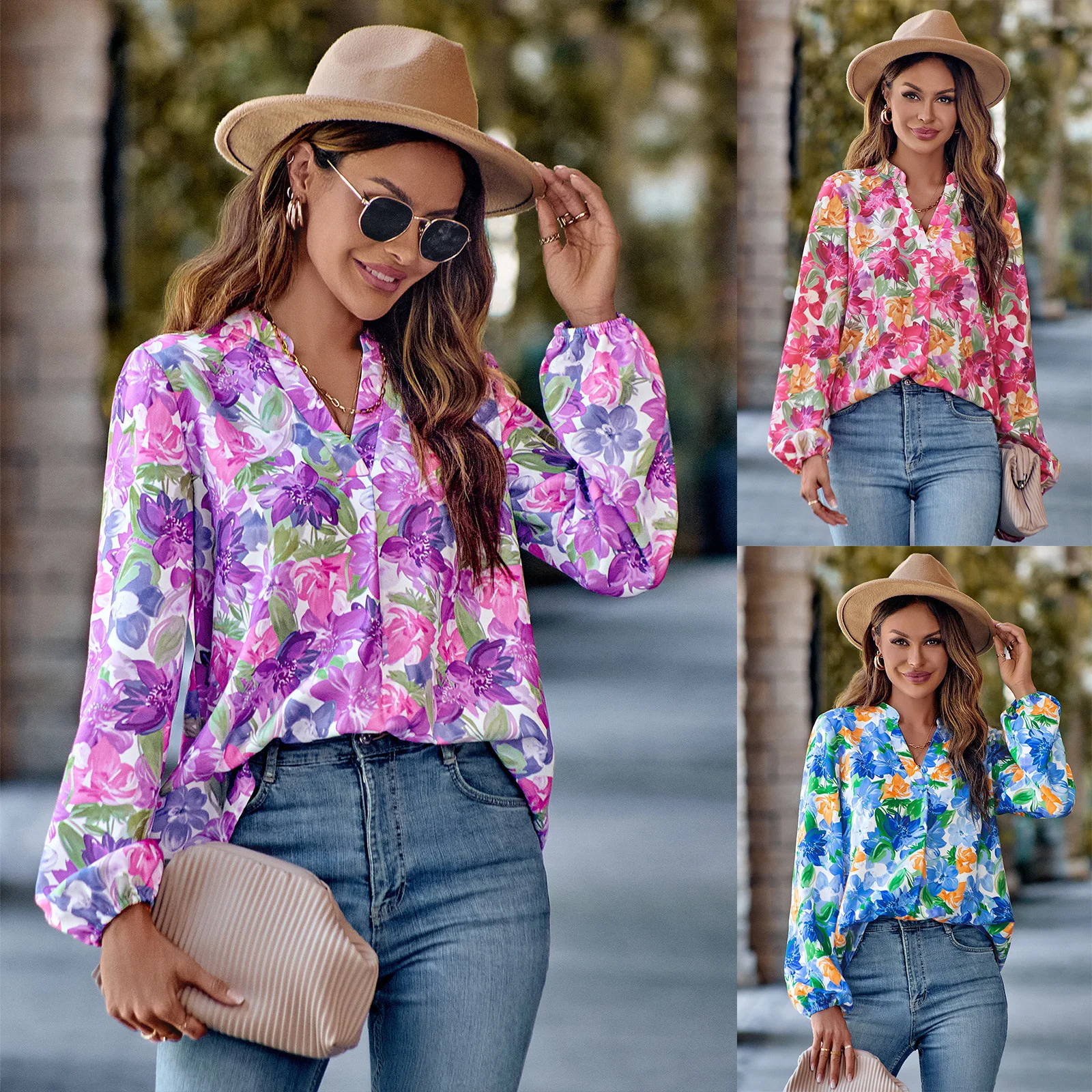 

Women's V Neck Printed Long Sleeved Slim Top