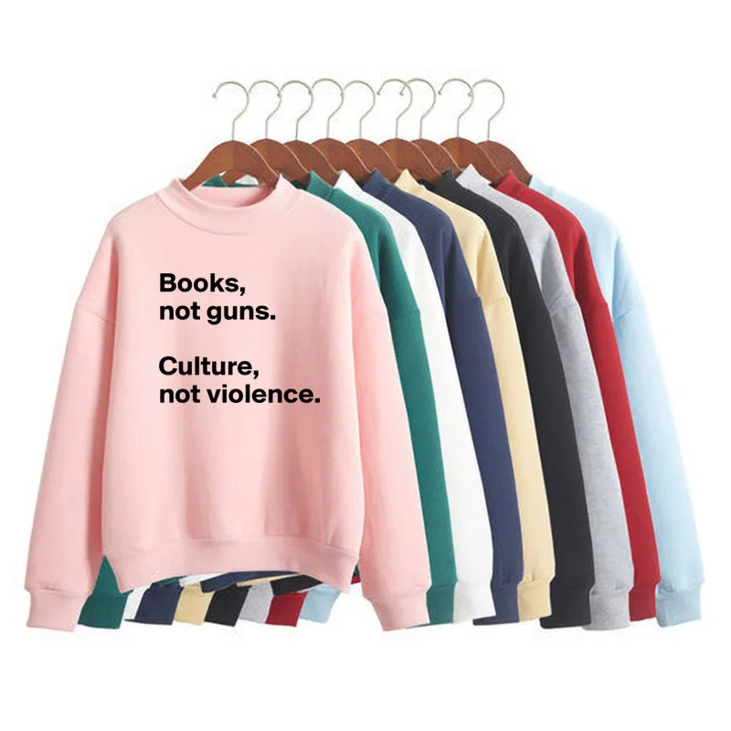 

Books not guns culture not violence Print Women Sweatshirt Korean O-neck Knitted Pullover Thick Autumn Candy Color Lady Clothes