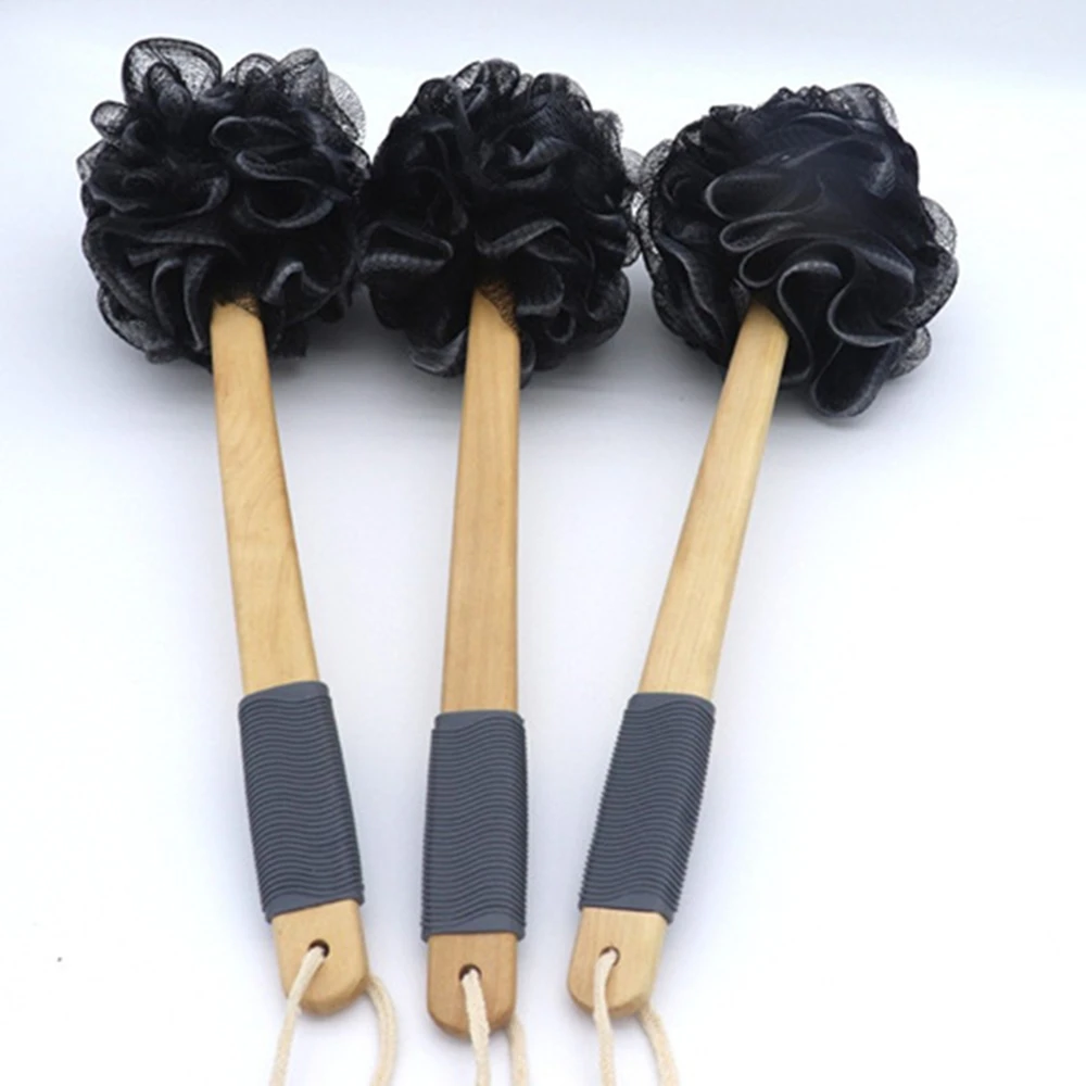 Black Bamboo Bath Loofah Sponge Body Scrubber Long Handle Wooden Bath Brush Mesh Foaming Ball Skin Clean Tool Bathroom Accessory 3