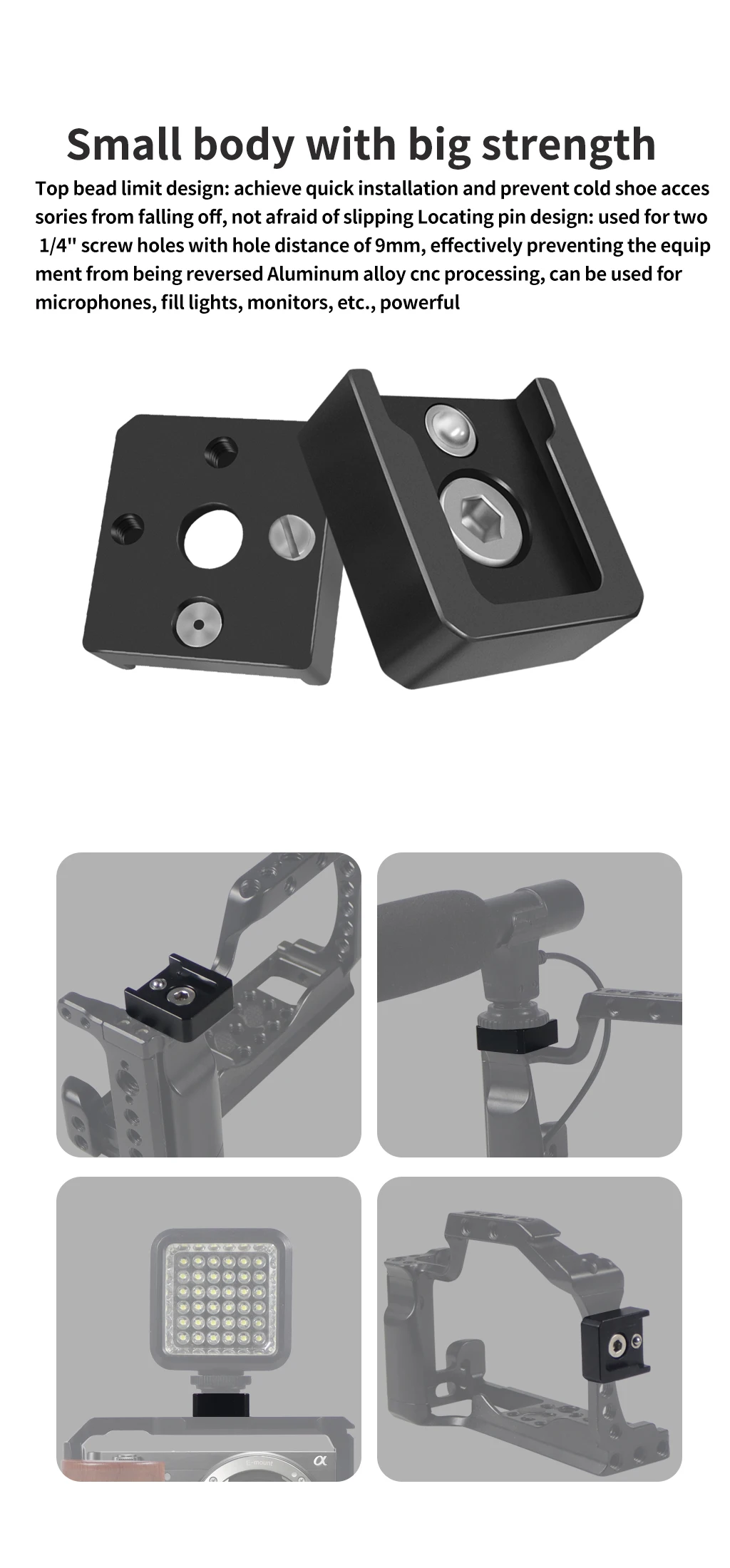 Description Picture 2 of itemFEICHAO Aluminum Cold Shoe Mount Adapter Base with 1/4" Screw for DSLR Camera Cage Flash Light Microphone Bracket Photo Vlogging
