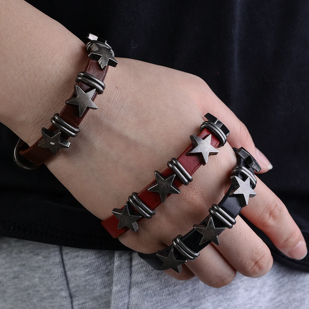 70s vintage 米軍　レザーブレスレット　love&peace パンク Vintage Star Wrap Leather Bracelet Men Punk Rock Pentagram