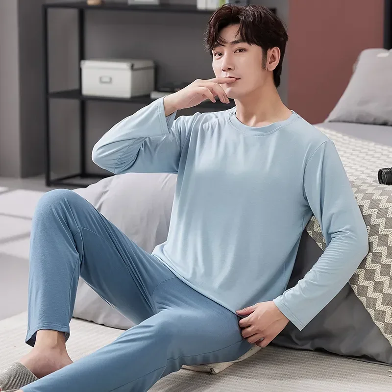 

Long Set Sleeve Pajama Autumn Pajamas Sleepwear Spring + Males Homewear Sleepshirts Tops Modal O-neck Soft For Long Men Pants