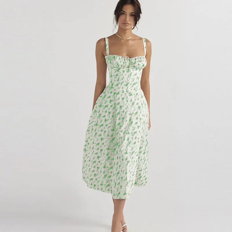 Robe à bretelles imprimée florale pour femmes, robe trapèze élégante, couleur unie, coupe couvertes, fente latérale, taille, été 2023 23