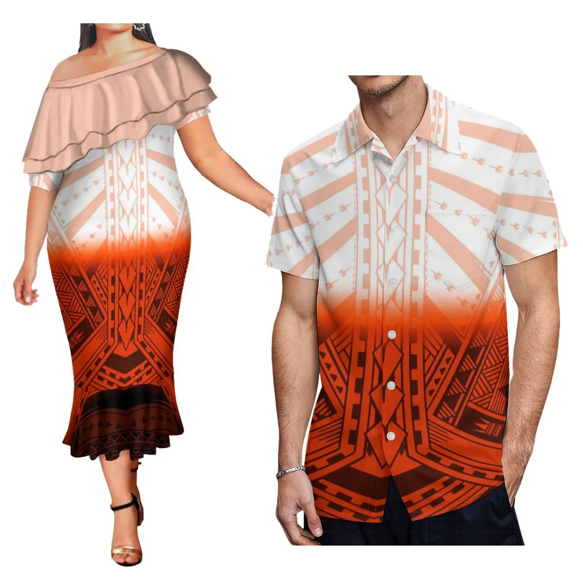 

Polynesian Tribe Designs Stylish Women'S Short-Sleeved Dresses For Party Women'S Off-The-Shoulder Gowns With Men'S Aloha Shirts