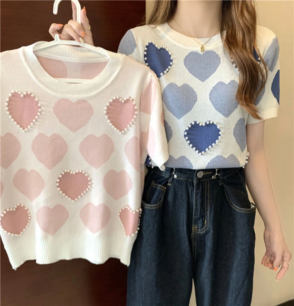 de manga corta para mujer, ropa de moda con corazón de amor para chica, de tela fina de Tops de seda de hielo| | - AliExpress