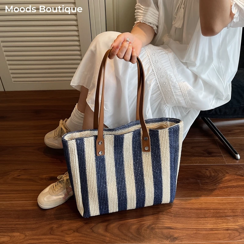 borsa luxury donna borsa donna borsa mare donna MOODS Borse tote grandi a righe per donna Borse a tracolla shopper di grande capacità con design intrecciato in tessuto di paglia Borse da spiaggia estive 2025