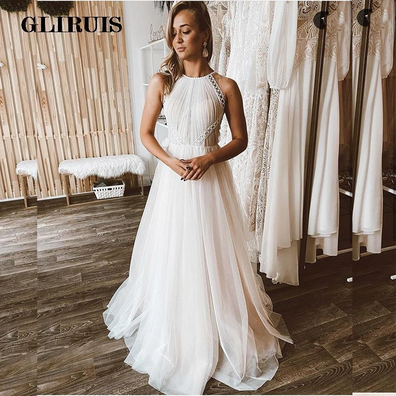 Halter Wedding Dress Boho Sleeveless Tulle A-Line Robe De Mariee For Women Bridal Gowns Court Train White Pleat Lace Appliques bridal dresses