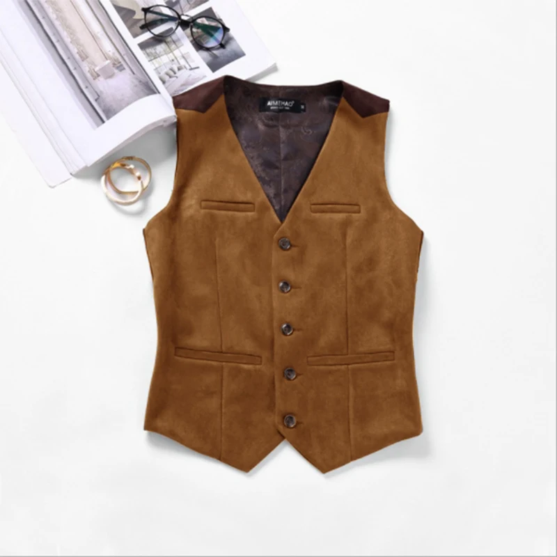 Men's Suit Vest Suede Western Denim Waistcoat Steampunk V-neck Single Breasted жилетка мужская 5