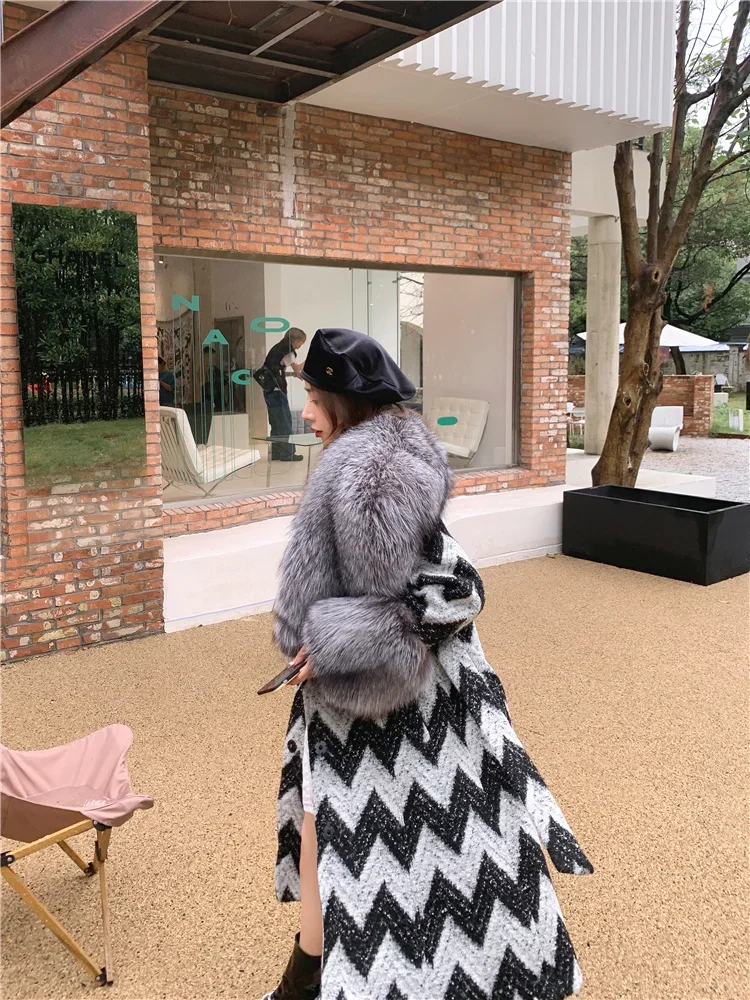 Full-leather Silver Fox Fur Coat Long Fur Collar Women's Clothing Belt Slim Oversize High Street Autumn/Winter Faux Fur Jackets