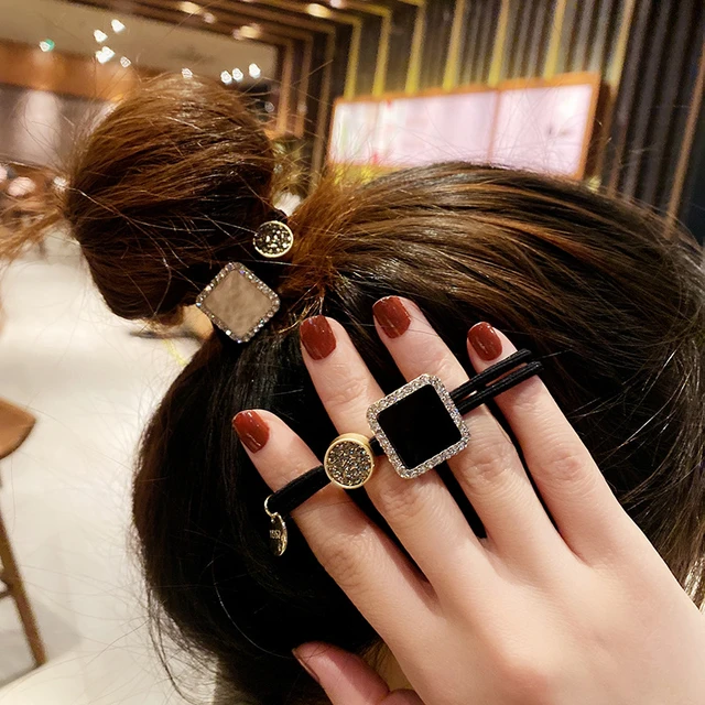 【2color】Alloy Rhinestone Square Hair Ties Scrunchies Elegant Ponytail Rope  Elastic Hair Elastics Girl High Elastic Hair Bands