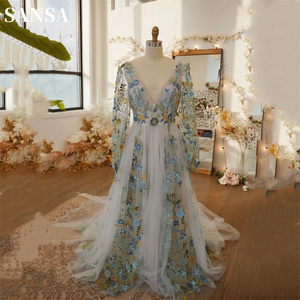

Sansa V-neck Long Sleeve A-line Prom Dress Sweet Flower Vestidos De Noche Boho Lace Embroidery Wedding Dress فساتين السهرة